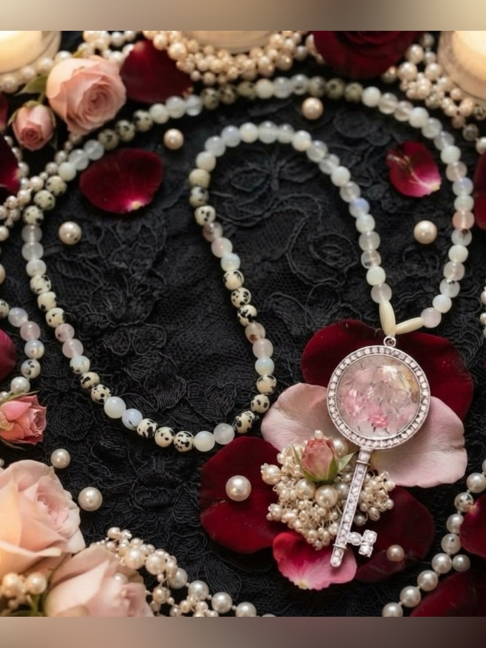 Roses and Pearls Necklace (Rose Quartz, MOP, Flower Agate)